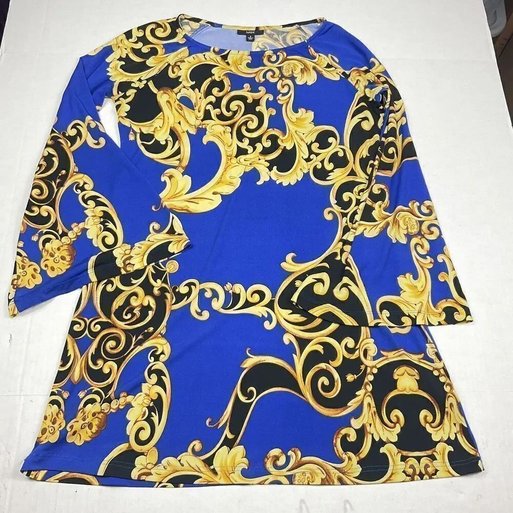 MSK Womens Shift Dress Link Print Flared Long Sleeve Casual Pullover SMALL